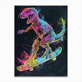 Neon Dinosaur Line Illustration On A Skateboard 2 Canvas Print