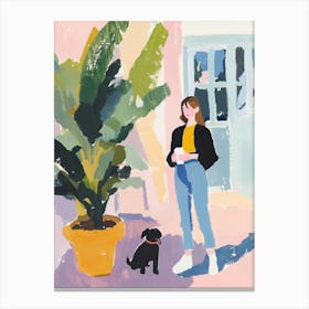 Woman with a Dog Gouache Painting Canvas Print