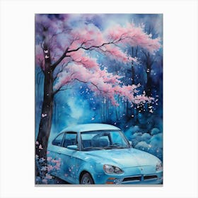 Blue Car In Cherry Blossoms Canvas Print