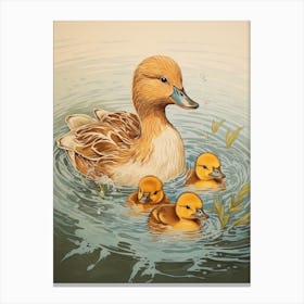 Ducklings In The Lake Japanese Woodblock Style 1 Canvas Print