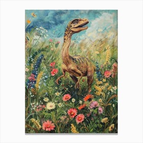 Dinosaur In A Floral Meadow Vintage Storybook Painting 2 Canvas Print