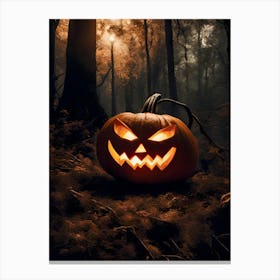 Spooky Pumpkin In Dark Forest, Halloween Decor Canvas Print