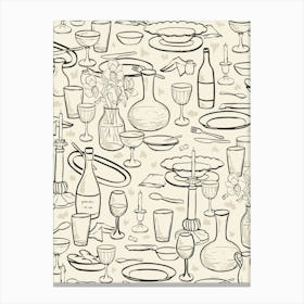 Hand-drawn dinner table with dishes wine bottles and candlelight in black and beige Canvas Print