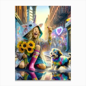 Happy coloful girl, playful dog, sunflowers Canvas Print