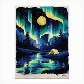 A Captivating Nighttime Scene Painted In Vibrant Colors, Featuring A Celestial Sky With A Prominent Yellow Moon Illuminating The Landscape Lienzo