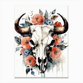 Vintage Boho Bull Skull Flowers Painting (35) Canvas Print