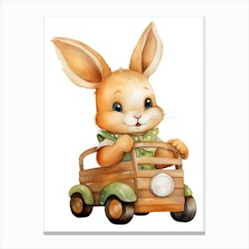 Rabbit Bunny On A Toy Car, Watercolour Nursery 1 Canvas Print