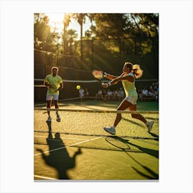 Tennis Match Captured In Natural Light Dynamic Action Shot Players Poised Mid Strike Sun Casting (2) Canvas Print