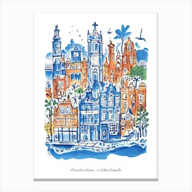 Amsterdam Illustration Line Art Netherlands Travel Blue Canvas Print