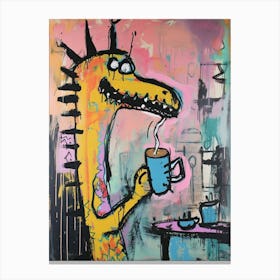 Dinosaur Drinking Coffee Pastel Pink Graffiti Brushstroke 1 Canvas Print