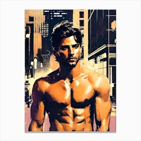 Shirtless Man In City Canvas Print
