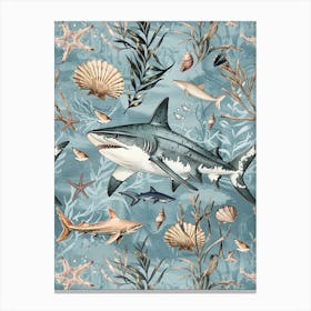 Pastel Blue Shark Watercolour Seascape Pattern 4 Canvas Print
