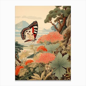 Butterfly With Beautiful Pink Flowers Japanese Style Painting 2 Canvas Print