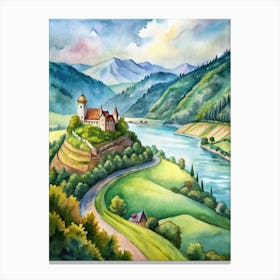 Watercolor Of A Castle In The Mountains Canvas Print