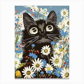 Black Cat In Daisies Canvas Print