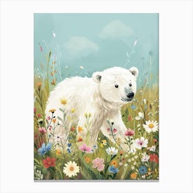 Polar Bear Cub In A Field Of Flowers Storybook Illustration 4 Canvas Print