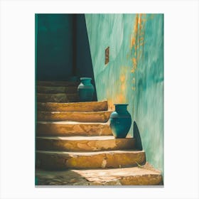 Blue Vases On The Stairs 1 Canvas Print