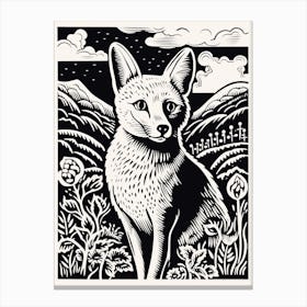 Fox In The Forest Linocut White Illustration 2 Canvas Print