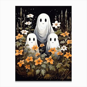 Cute Bedsheet Ghost, Botanical Halloween Watercolour 8 Canvas Print