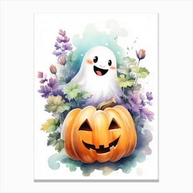 Cute Ghost With Pumpkins Halloween Watercolour 116 Canvas Print