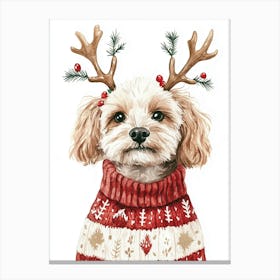 Cavapoo In Christmas Jumper And Antlers Neutral Canvas Print