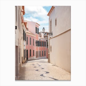 Pastel houses in Cascais, Portugal - wanderlust vintage street and travel photography by Christa Stroo Canvas Print