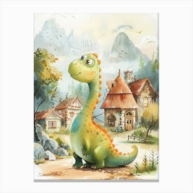 Dinosaur In A Village Storybook Style 2 Canvas Print