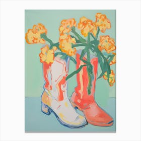 Painting Of Yellow Flowers And Cowboy Boots, Oil Style 1 2 Canvas Print