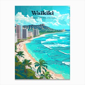 Waikiki Hawaii Beach Travel Illustration Canvas Print