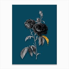 Vintage Purple Roses Black and White Gold Leaf Floral Art on Teal Blue n.1230 Canvas Print