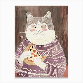 Grey And White Cat Pizza Lover Folk Illustration 2 Canvas Print