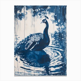 Dripping Paint Navy Peacock In The Pond Canvas Print