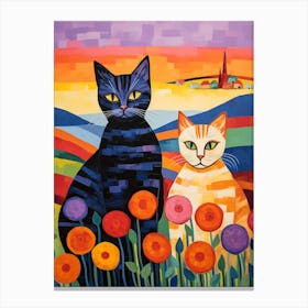Two Mosaic Cats With A Medieval Village In The Background Canvas Print