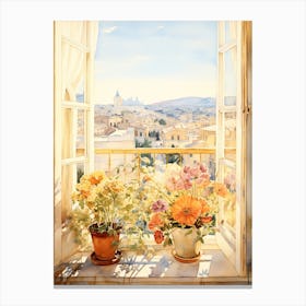 Window View Of  Athens Greece In Autumn Fall, Watercolour 1 Canvas Print