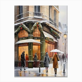 Paris cafes, winter season, Christmas, autumn oil colors, pale colors, pedestrians in the street, winter clothes, falling snow.Christmas decorations.6 1 Canvas Print