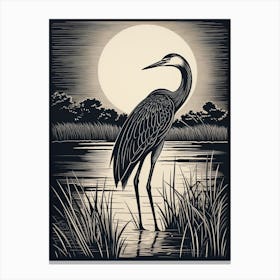 B&W Bird Linocut Great Blue Heron 3 Canvas Print