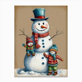Snowman With Children Canvas Print