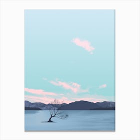Wanaka Tree New Zealand Lake Mountains Sky Pink Clouds Canvas Print