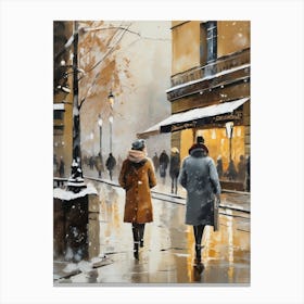 Paris cafes, winter season, Christmas, autumn oil colors, pale colors, pedestrians in the street, winter clothes, falling snow.3 Canvas Print