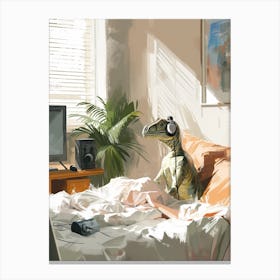 Dinosaur Listening To Music With Headphones In Bed 2 Canvas Print