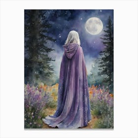 Wise Woman and the Moon - The Crone Years Witchy Goddess Fairytale Art Watercolor by Lyra the Lavender Witch - Magical Colorful Lilac Witches Cloak Wicca Spiritual Law of Attraction Grey White Haired Beautiful Old Woman - A Sage Oracle Wisdom and Knowledge Full Moon Lunar HD Canvas Print