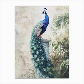 Peacock With Tropical Leaves Watercolour Canvas Print