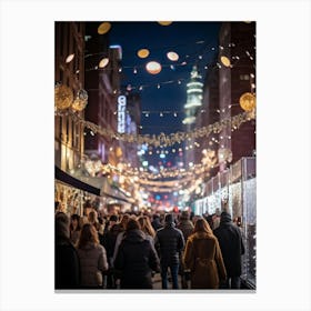 Banner At A Lively New Years Eve Party Drapes Elegantly Across A Bustling Street Strands Of Shiny (3) Canvas Print