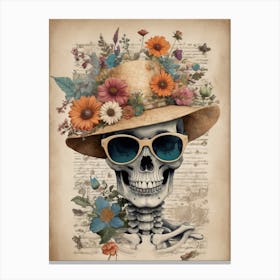 Vintage Floral Skeleton With Hat And Sunglasses (69) Canvas Print