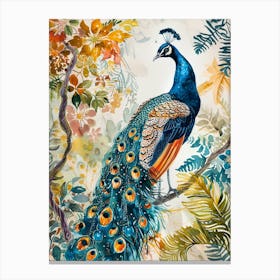 Watercolour Peacock With Tropical Leaves 1 Canvas Print