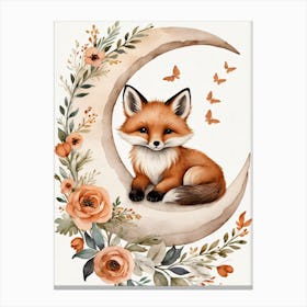 Floral Cute Fox Watercolor Moon Paining (10) Canvas Print