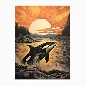 Ink Drawing Of An Orca Whale With Sunset Canvas Print