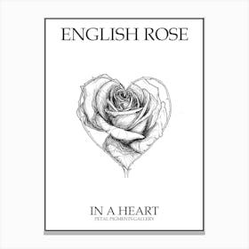 English Rose In A Heart Line Drawing 3 Poster Canvas Print