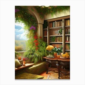 Room Interior Library Books Bookshelves Reading Literature Study Fiction Old Manor Book Nook Reading Nook Plants Green Thumb Canvas Print