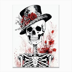 Floral Skeleton With Hat Ink Painting (39) Canvas Print